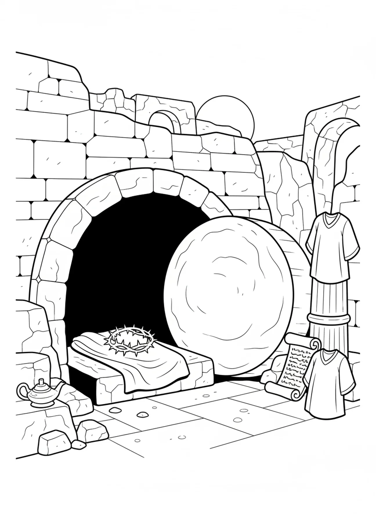 Le tombeau vide avec la couronne d'épines, page à colorier de la couronne d'épines de la crucifixion pour les enfants de l'École du dimanche âgés de 5 à 12 ans