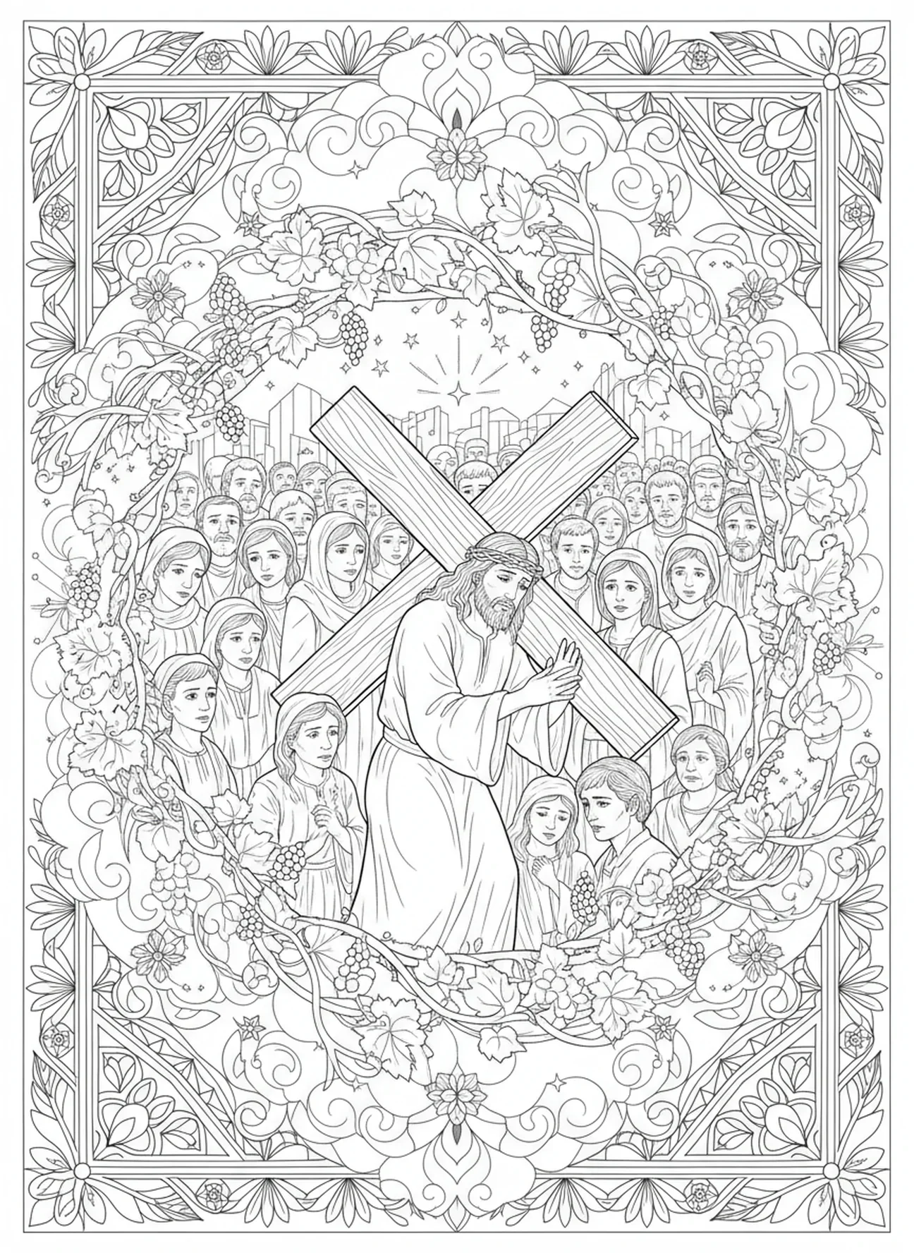 Foule témoignant de Jésus, page à colorier de la Crucifixion de Jésus portant la croix, style journal biblique pour adultes