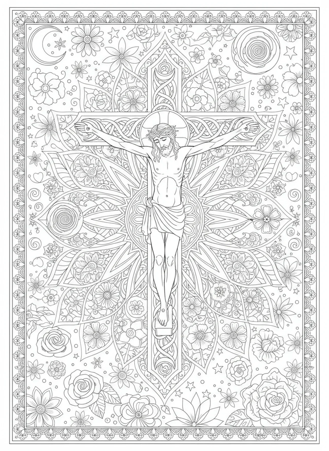 Jésus sur la croix, page à colorier de la Crucifixion de Jésus portant la croix pour adultes dans un style de journal biblique