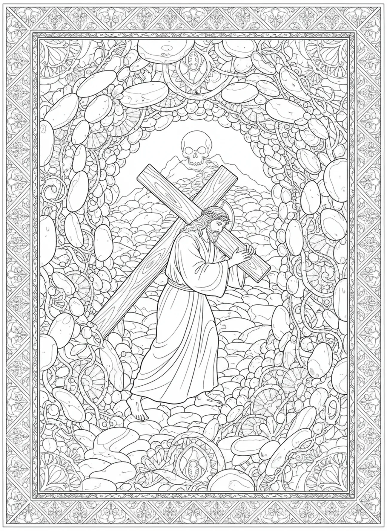 Jésus sur le chemin du Golgotha, page à colorier de la Crucifixion de Jésus portant la Croix dans un style de journal biblique pour adultes