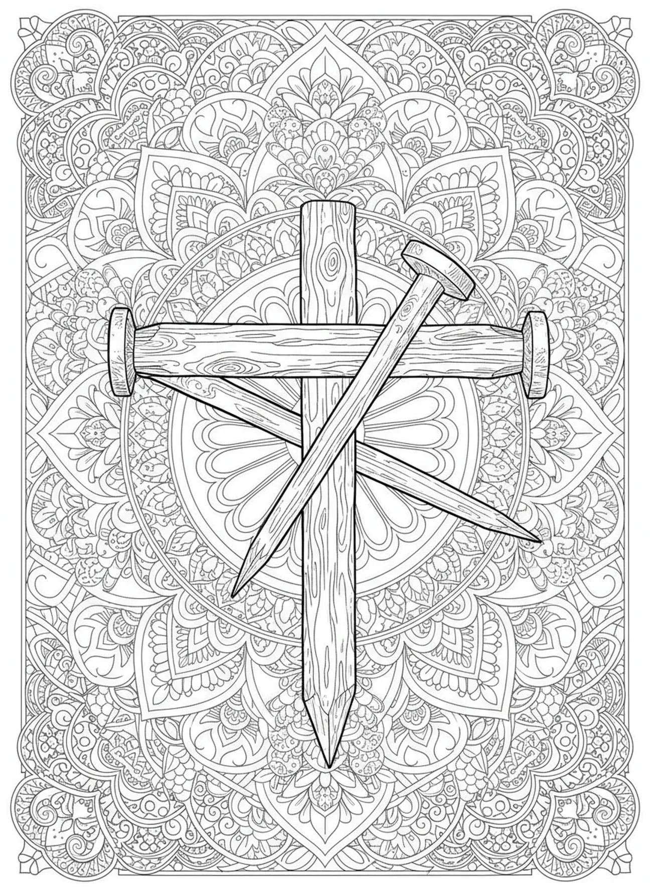 Clous et croix, page à colorier de la crucifixion de Jésus portant la croix dans un style de journal biblique pour adultes
