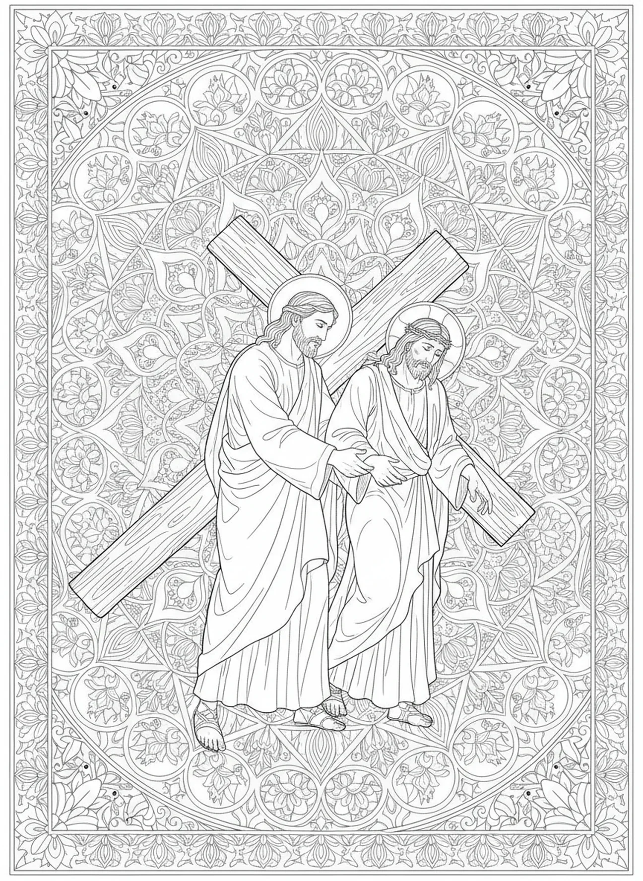 Simon aidant Jésus à porter la croix, page à colorier de la crucifixion pour adultes dans un style de journal biblique