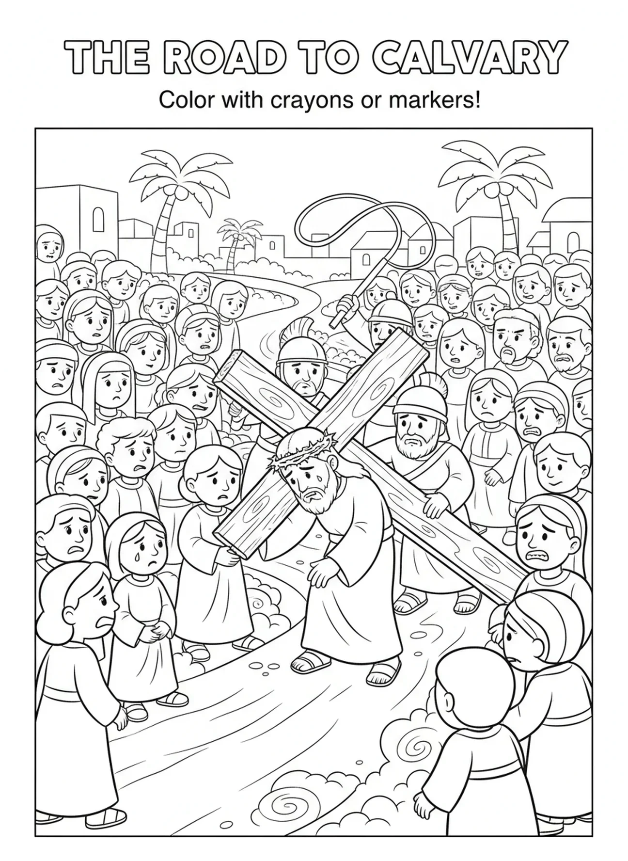 Multitud observando a Jesús, página para colorear de la Crucifixión de Jesús cargando la cruz para niños de 5 a 10 años.