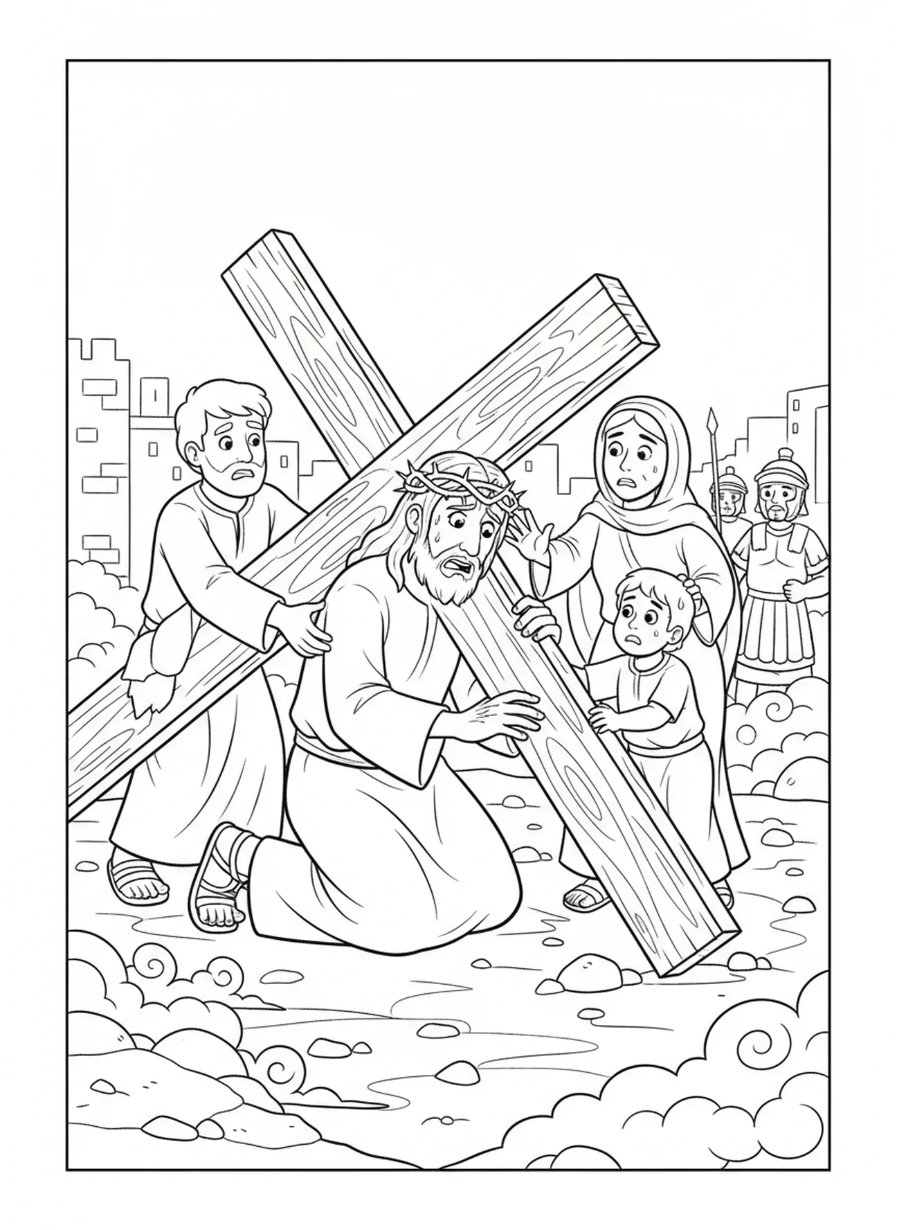 Jesús cae con la cruz, página para colorear de la Crucifixión de Jesús cargando la cruz para niños de 5 a 10 años.