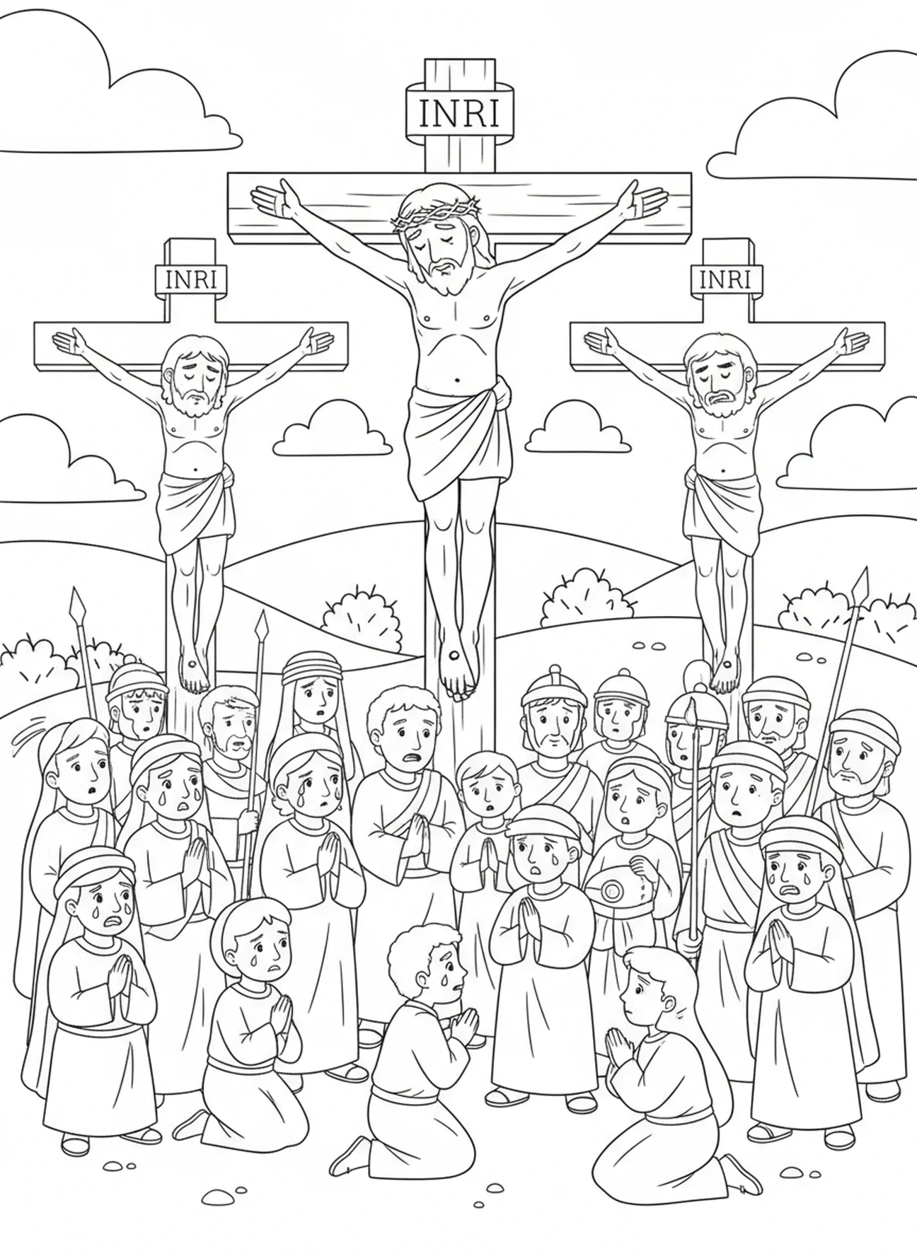 Jesús en la cruz, página para colorear de la Crucifixión de Jesús llevando la cruz para niños de 5 a 10 años.