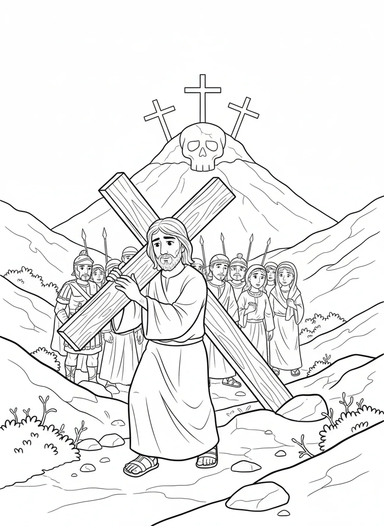 Jesús en el Gólgota, página para colorear de la Crucifixión de Jesús cargando la cruz para niños de 5 a 10 años.