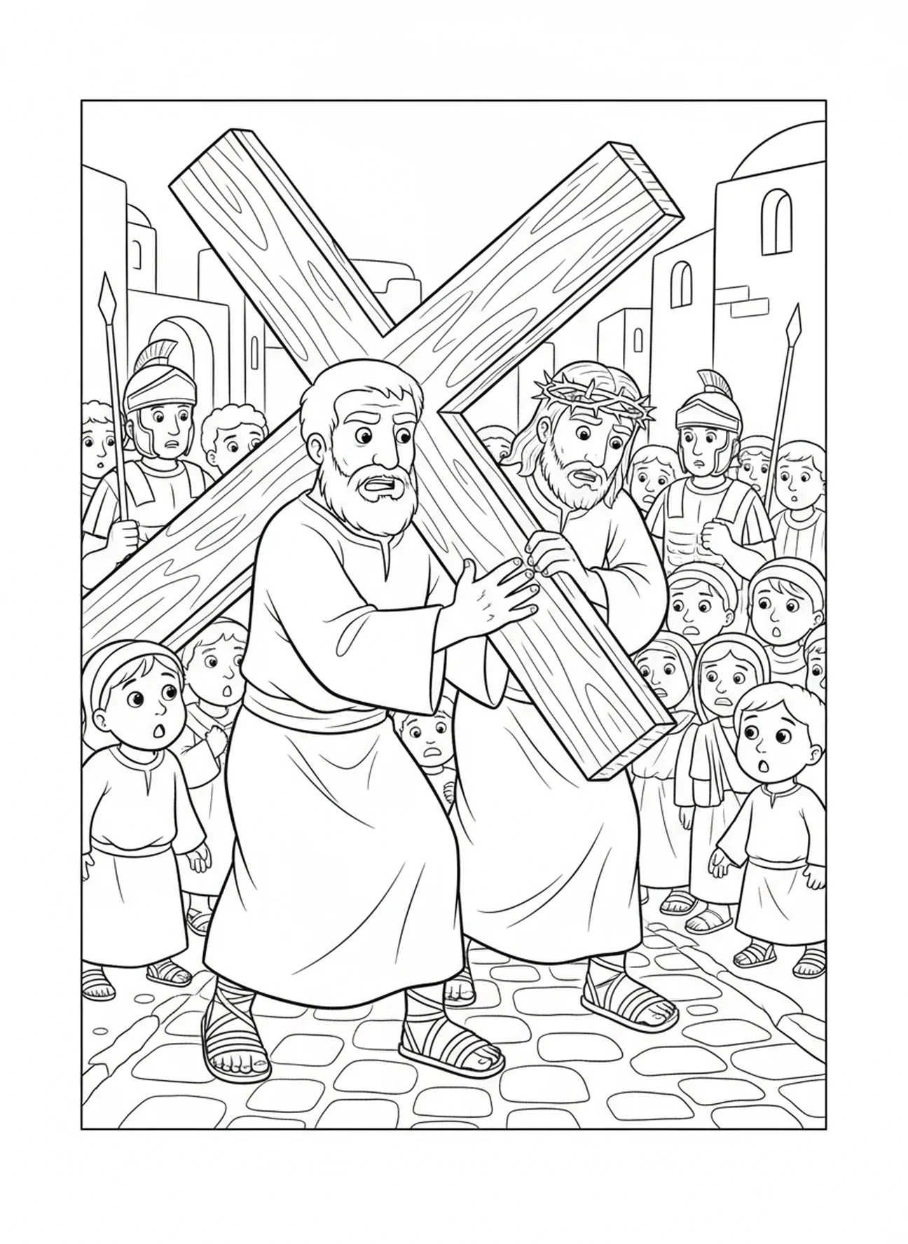 Simón ayudando a Jesús, página para colorear de la Crucifixión de Jesús cargando la cruz para niños de 5 a 10 años.