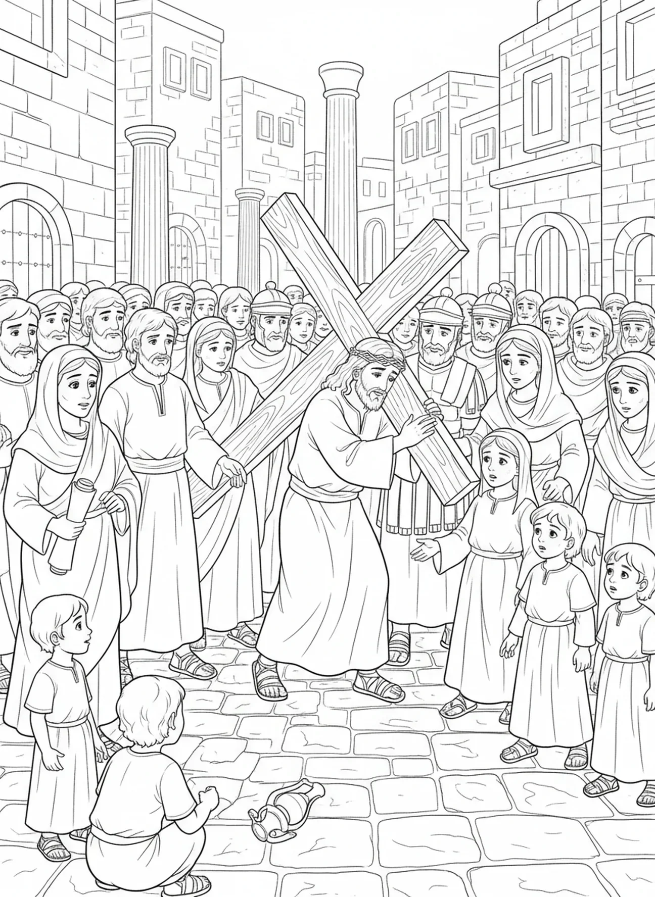 Multitud observando a Jesús, página para colorear de la Crucifixión de Jesús cargando la cruz para niños de Escuela Dominical de 5 a 12 años.