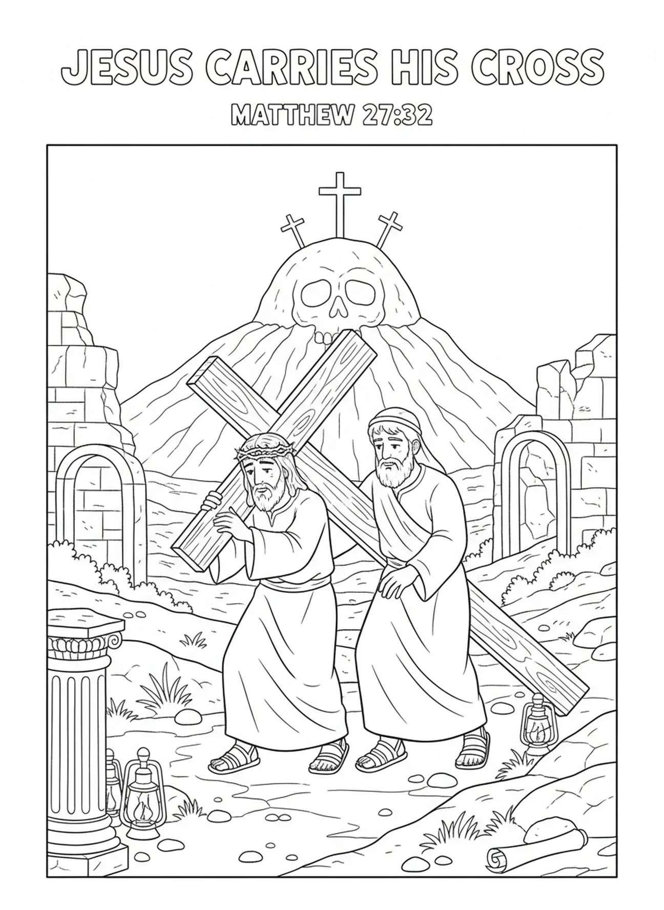 Llegando a Golgota, página para colorear de la Crucifixión de Jesús cargando la cruz para niños de 5 a 12 años en la Escuela Dominical.