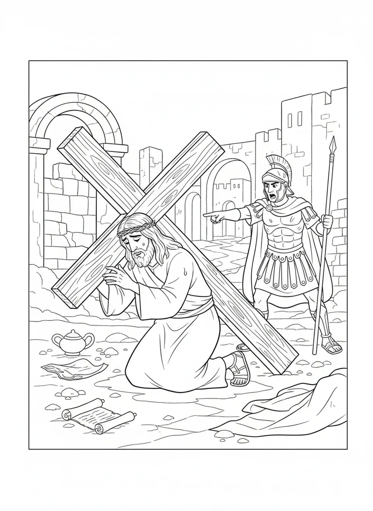 Jesús cayendo bajo la cruz, página para colorear de la Crucifixión de Jesús cargando la cruz para niños de Escuela Dominical de 5 a 12 años.