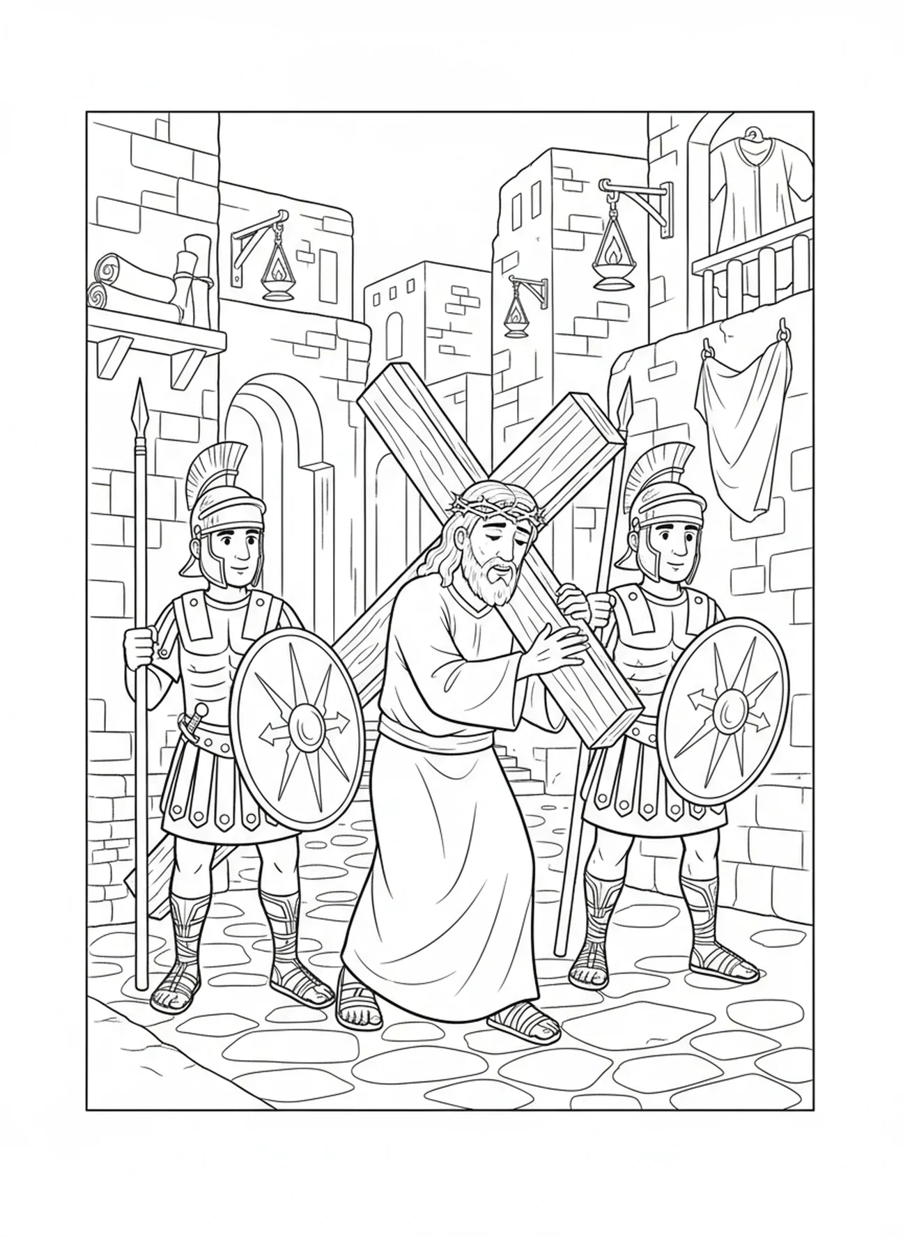 Soldados romanos llevando a Jesús, página para colorear de la Crucifixión de Jesús cargando la Cruz para niños de la Escuela Dominical de 5 a 12 años.