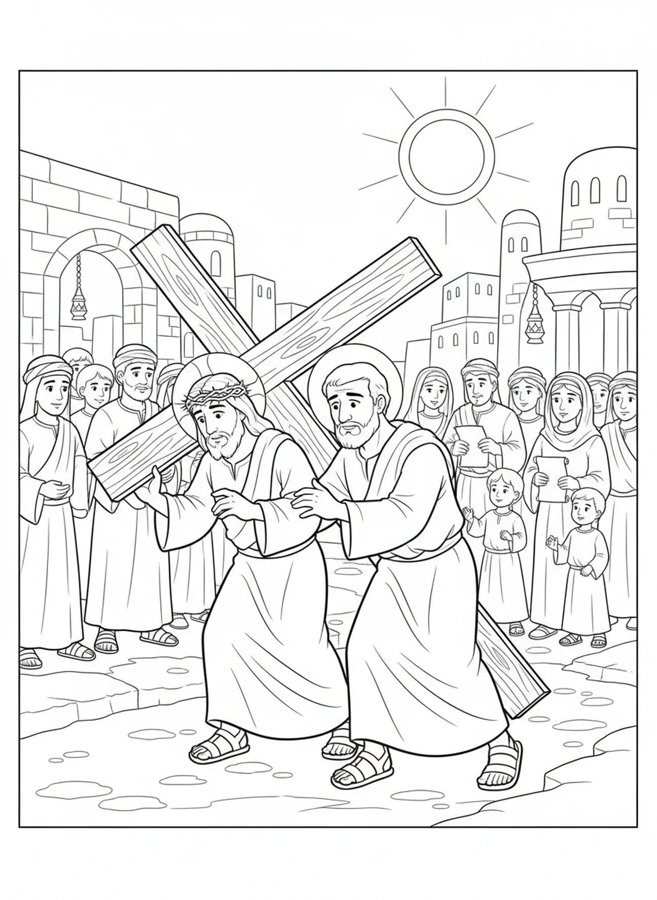Simón ayudando a Jesús, página para colorear de la Crucifixión de Jesús cargando la cruz para niños de la Escuela Dominical de 5 a 12 años.