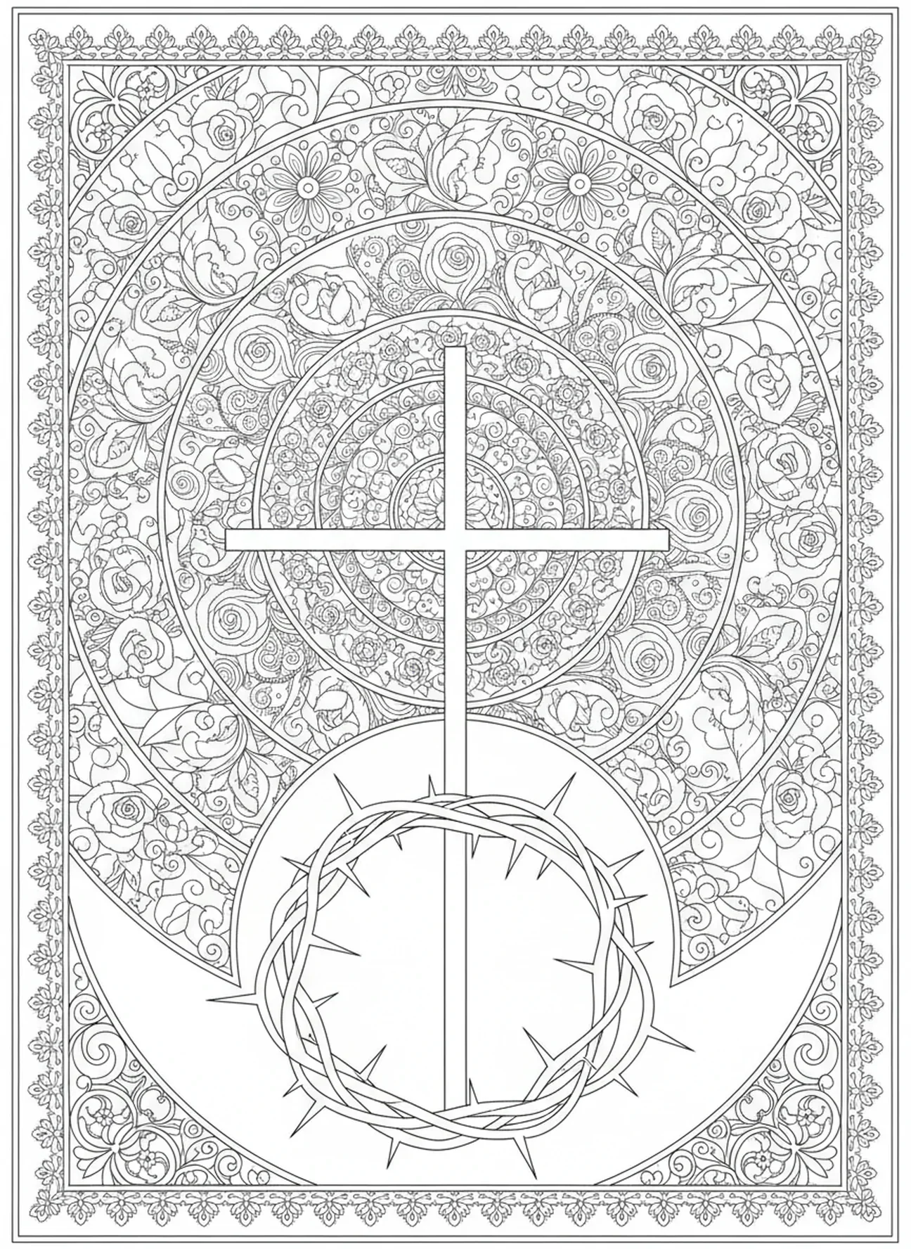 Corona de espinas, página para colorear de la Crucifixión de Jesús en la Cruz estilo journaling bíblico para adultos.
