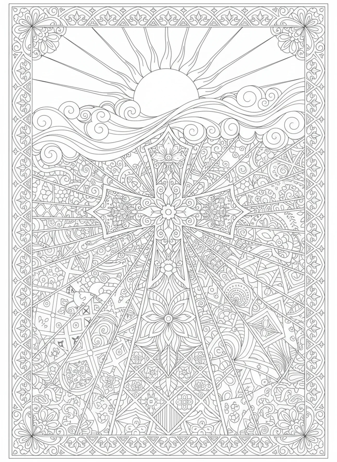 Sol radiante y nubes, página para colorear de la Crucifixión de Jesús en la Cruz estilo journaling bíblico para adultos.