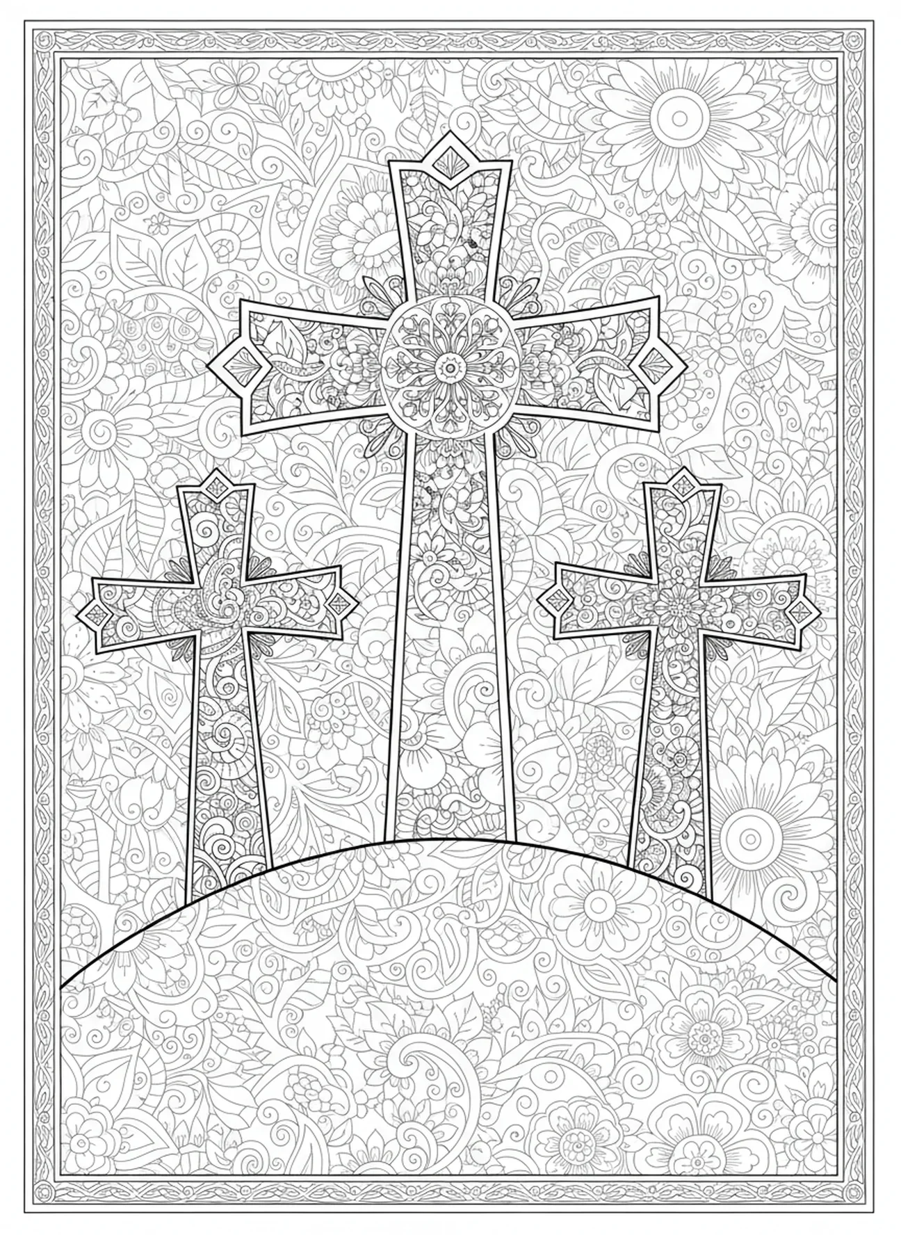 Tres cruces en una colina, página para colorear de la Crucifixión de Jesús en la cruz, estilo de journaling bíblico para adultos.