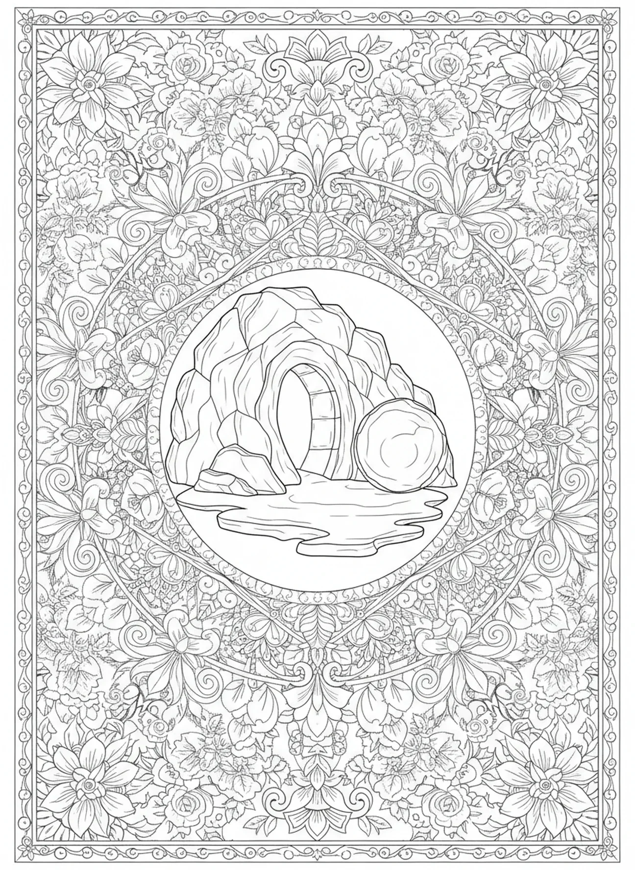 Entrada de tumba abierta, página para colorear de la Crucifixión de Jesús en la Cruz, estilo de journaling bíblico para adultos.