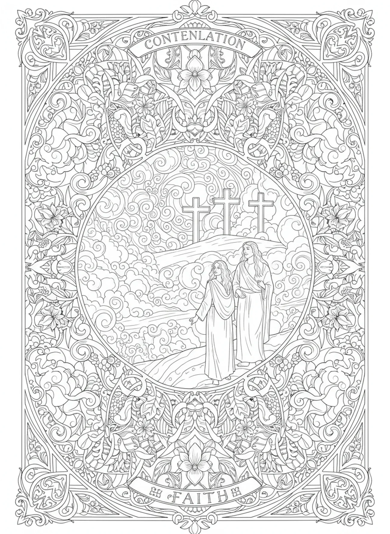 Dos figuras observando, página para colorear de la Crucifixión de Jesús en la Cruz, estilo de journaling bíblico para adultos.