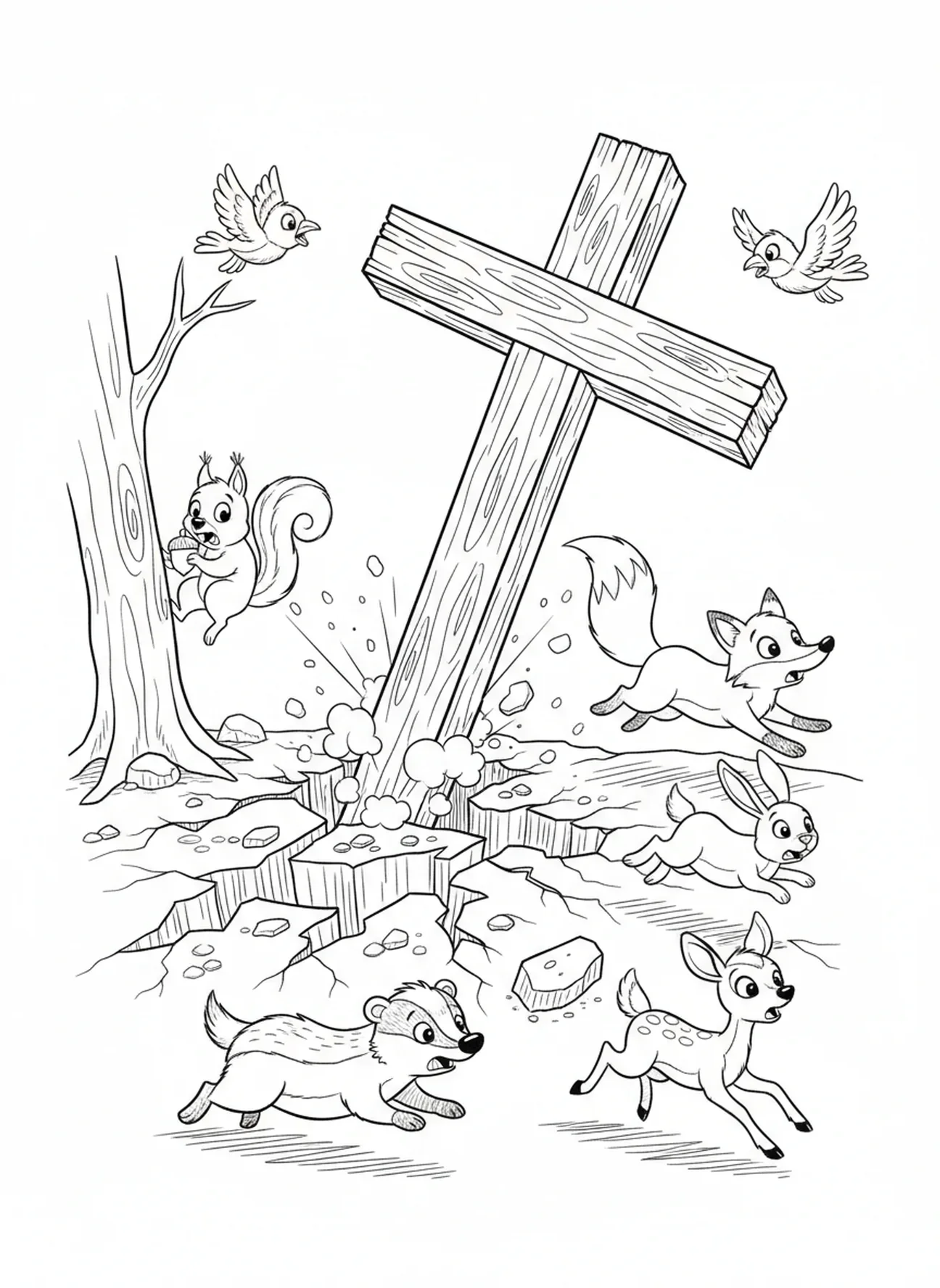 Terra tremendo com rachaduras, página para colorir da Crucificação de Jesus na Cruz para crianças de 5 a 10 anos.
