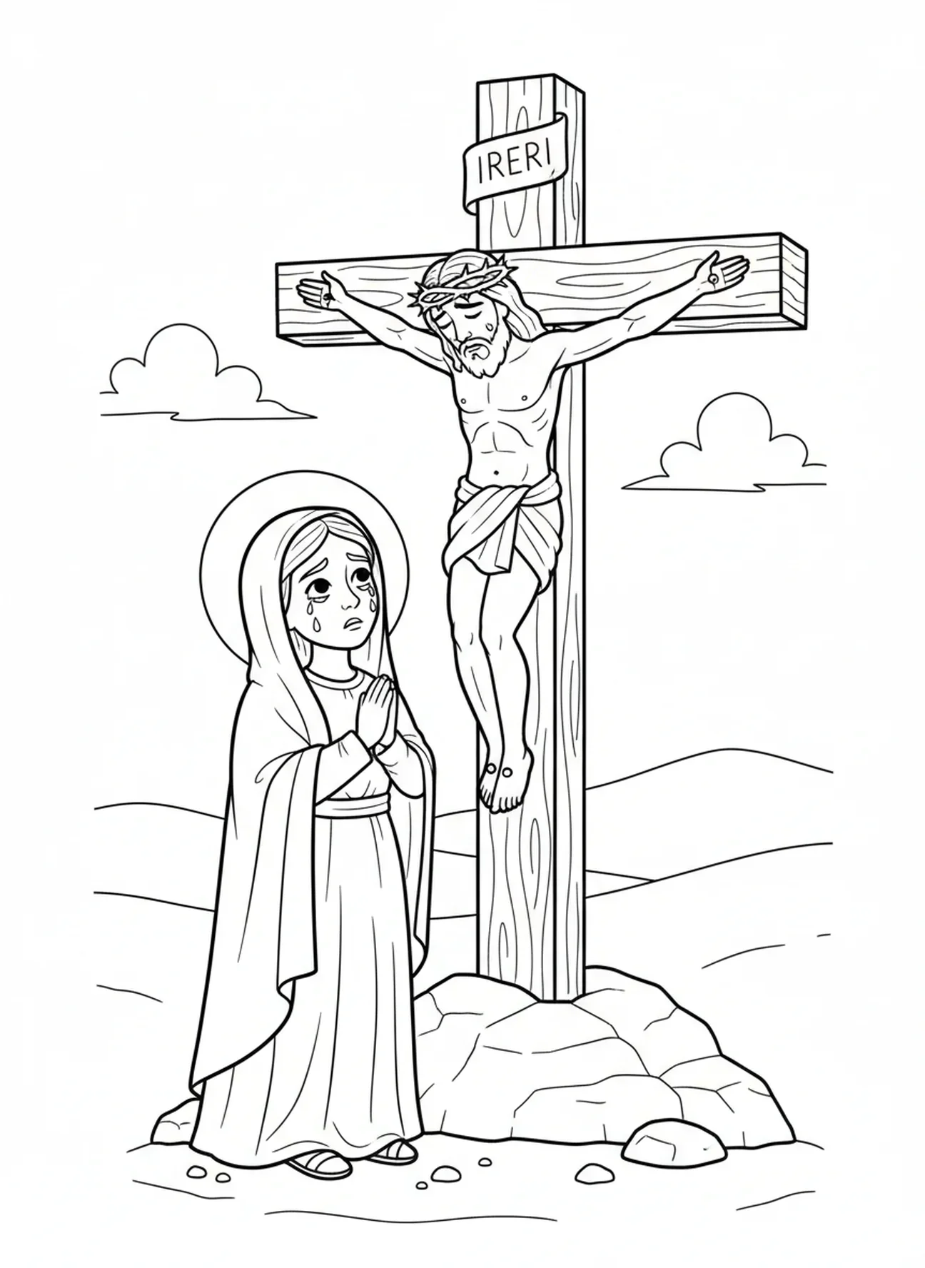 Maria olhando para Jesus, página para colorir da Crucificação de Jesus na Cruz para crianças de 5 a 10 anos.