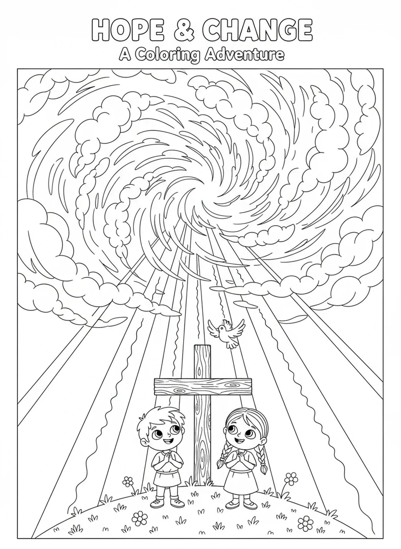 Nuvens dramáticas acima da cruz, página de colorir da Crucificação de Jesus na Cruz para crianças de 5 a 10 anos.