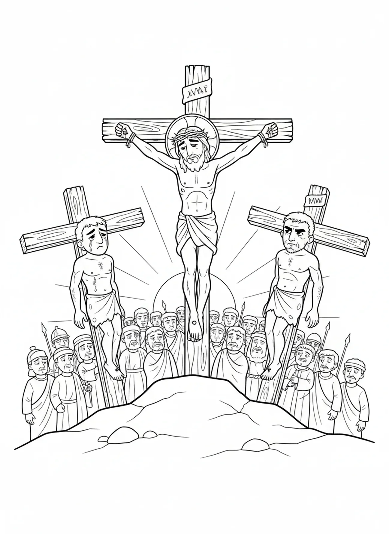 Dois ladrões nas cruzes, página para colorir da Crucificação de Jesus na Cruz para crianças de 5 a 10 anos.