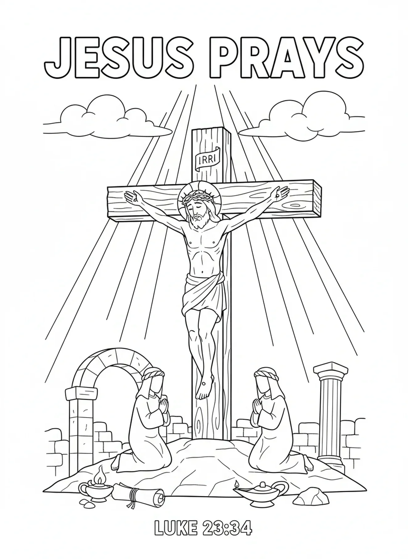 Jezus modlący się na krzyżu, kolorowanka o Ukrzyżowaniu Jezusa na Krzyżu dla dzieci w katechezie w wieku 5-12 lat
