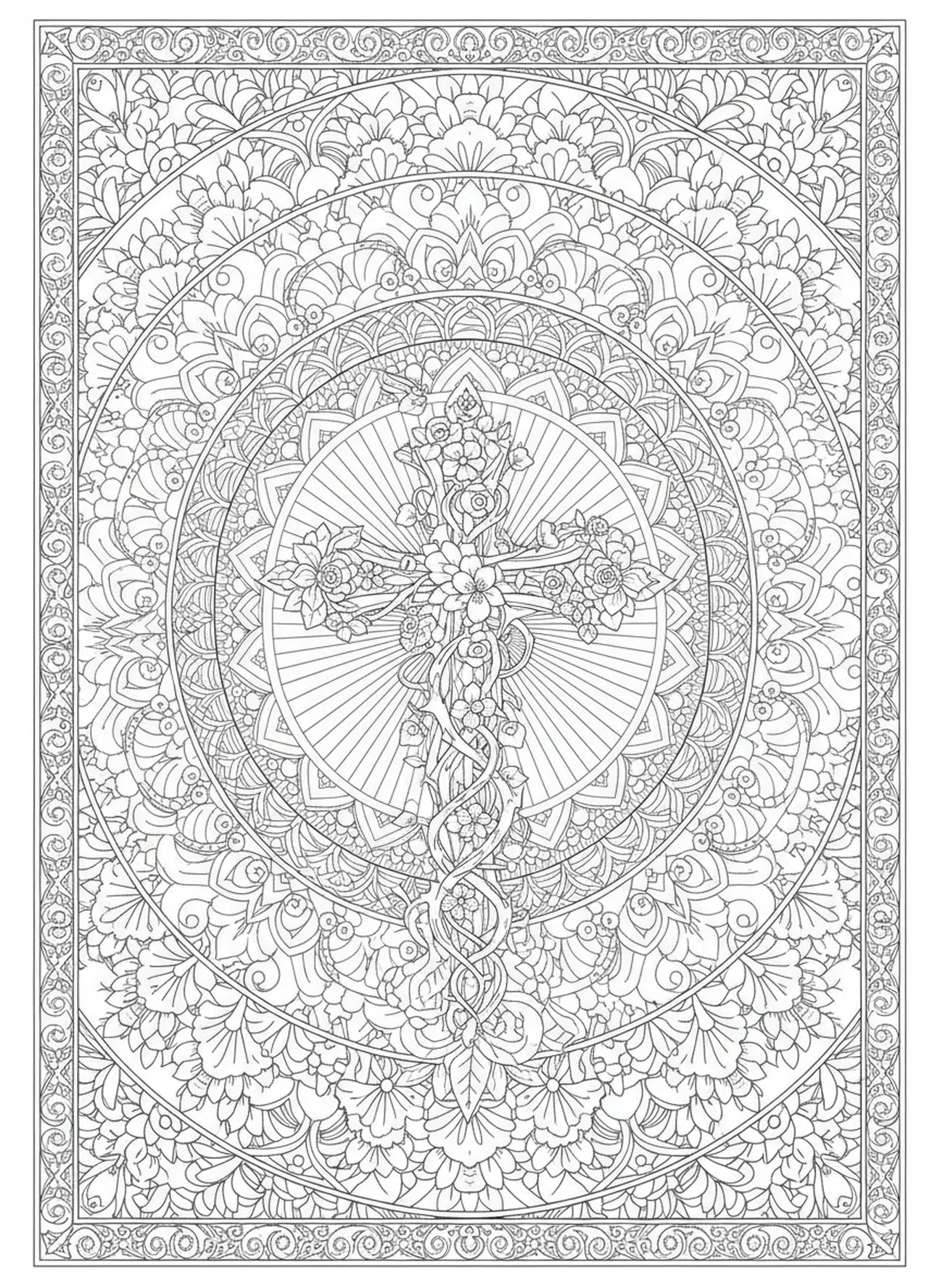 Cruz entrelaçada com vinhas espinhosas, página para colorir da Crucificação com Maria aos pés da cruz, estilo de journaling bíblico para adultos.