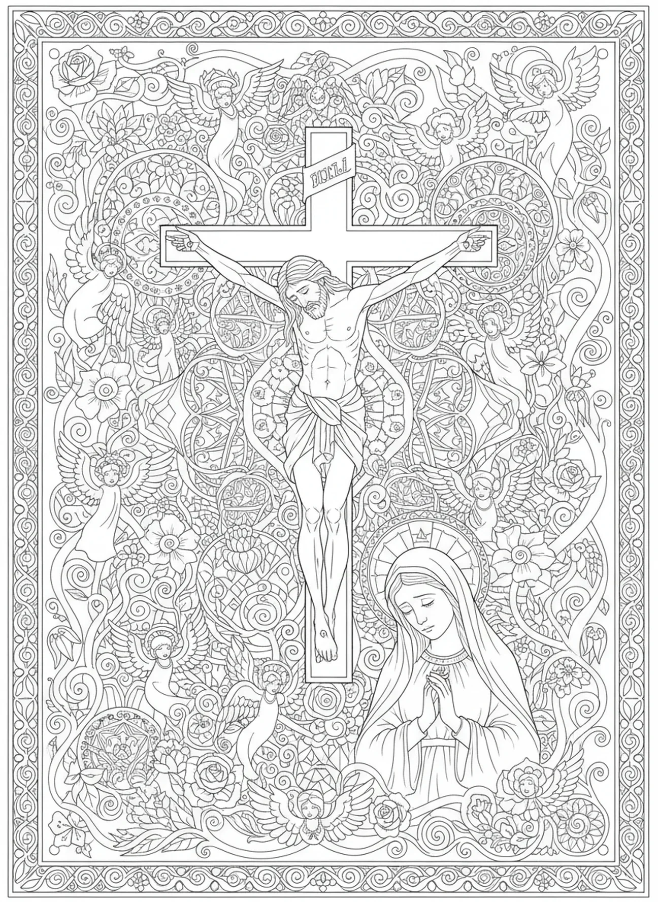 Jesus na cruz cercado por anjos, página de colorir da Crucificação de Maria aos pés da cruz no estilo de journaling bíblico para adultos.