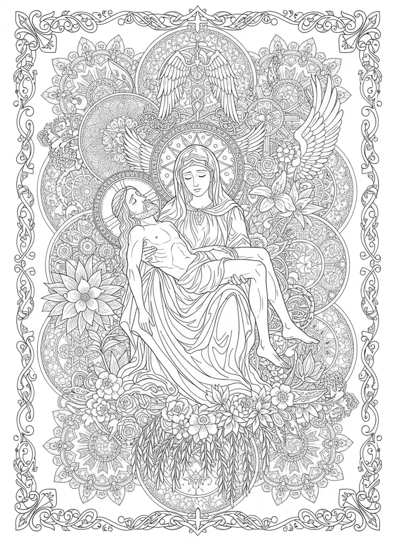 Maria recebendo o corpo de Jesus, página para colorir da Crucificação de Maria aos pés da cruz no estilo de journaling bíblico para adultos.