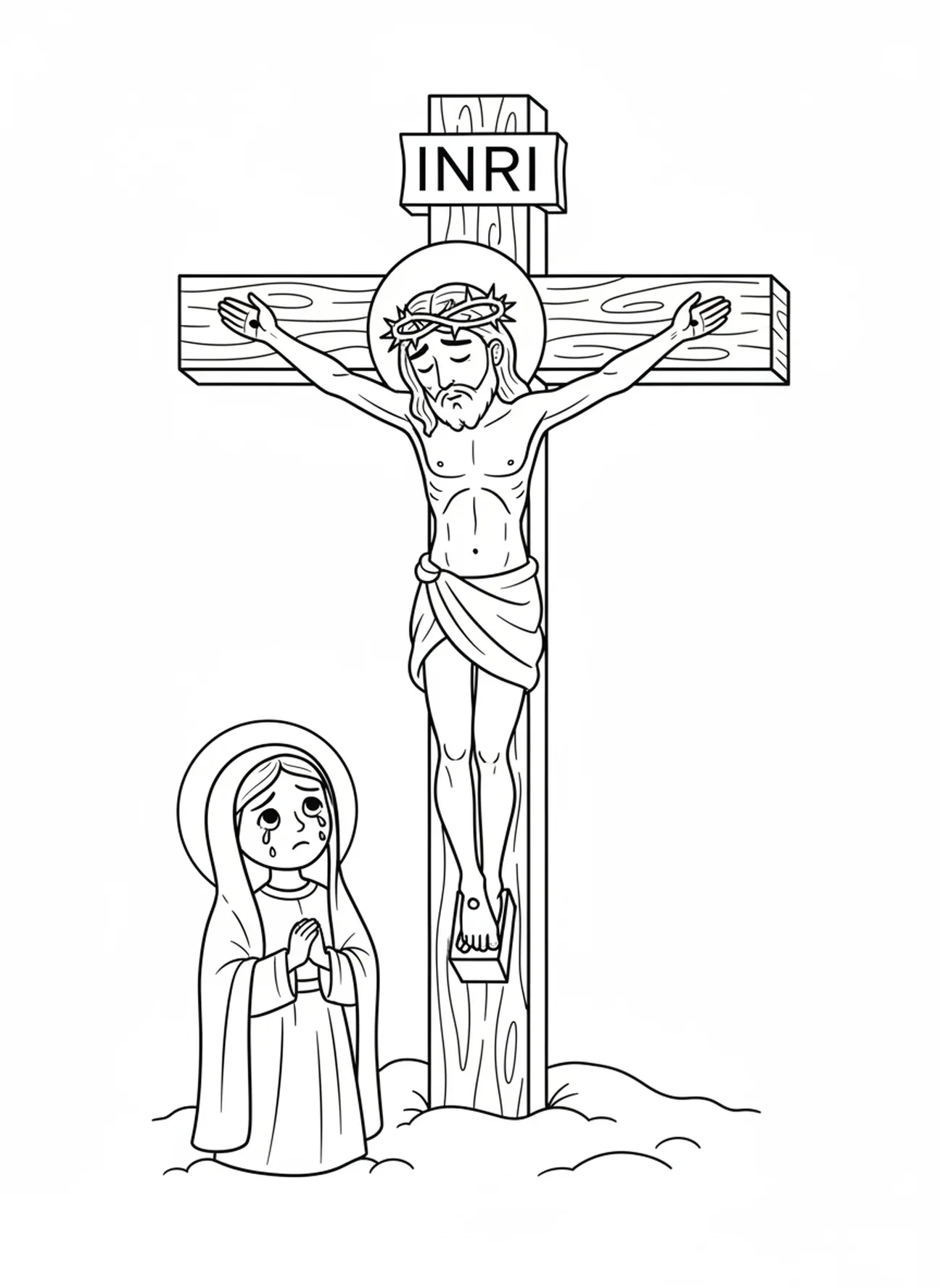 Jezus na krzyżu, kolorowanka z Ukrzyżowaniem Maryi u stóp krzyża dla dzieci w wieku 5-10 lat