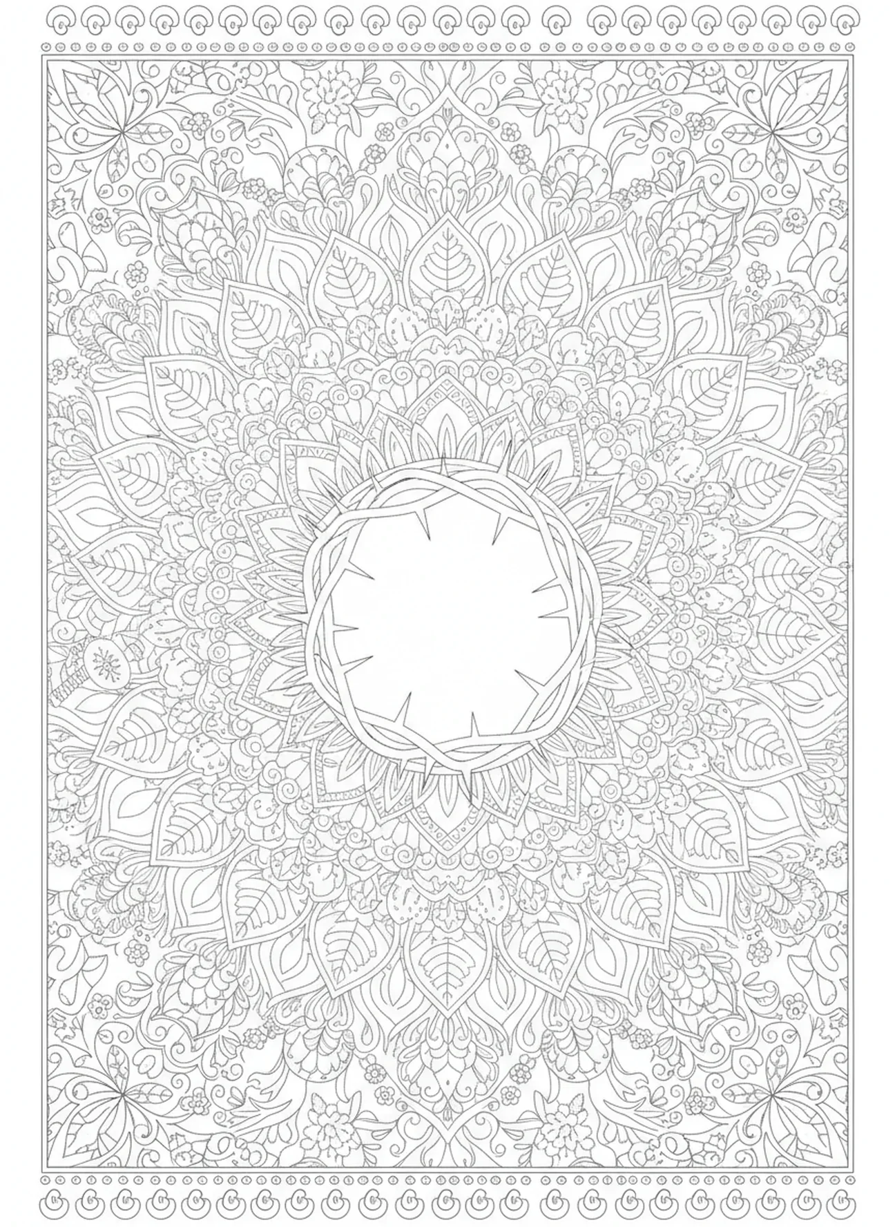 Coroa de espinhos, página para colorir da crucificação com soldado romano e lança, estilo de journaling bíblico para adultos.