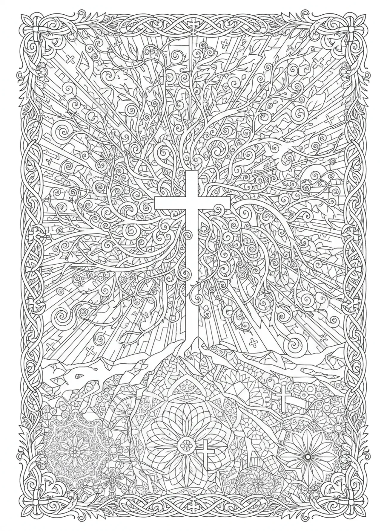 Tremor de terra e escuridão após a crucificação, página para colorir de soldado romano com lança no estilo de journaling bíblico para adultos.