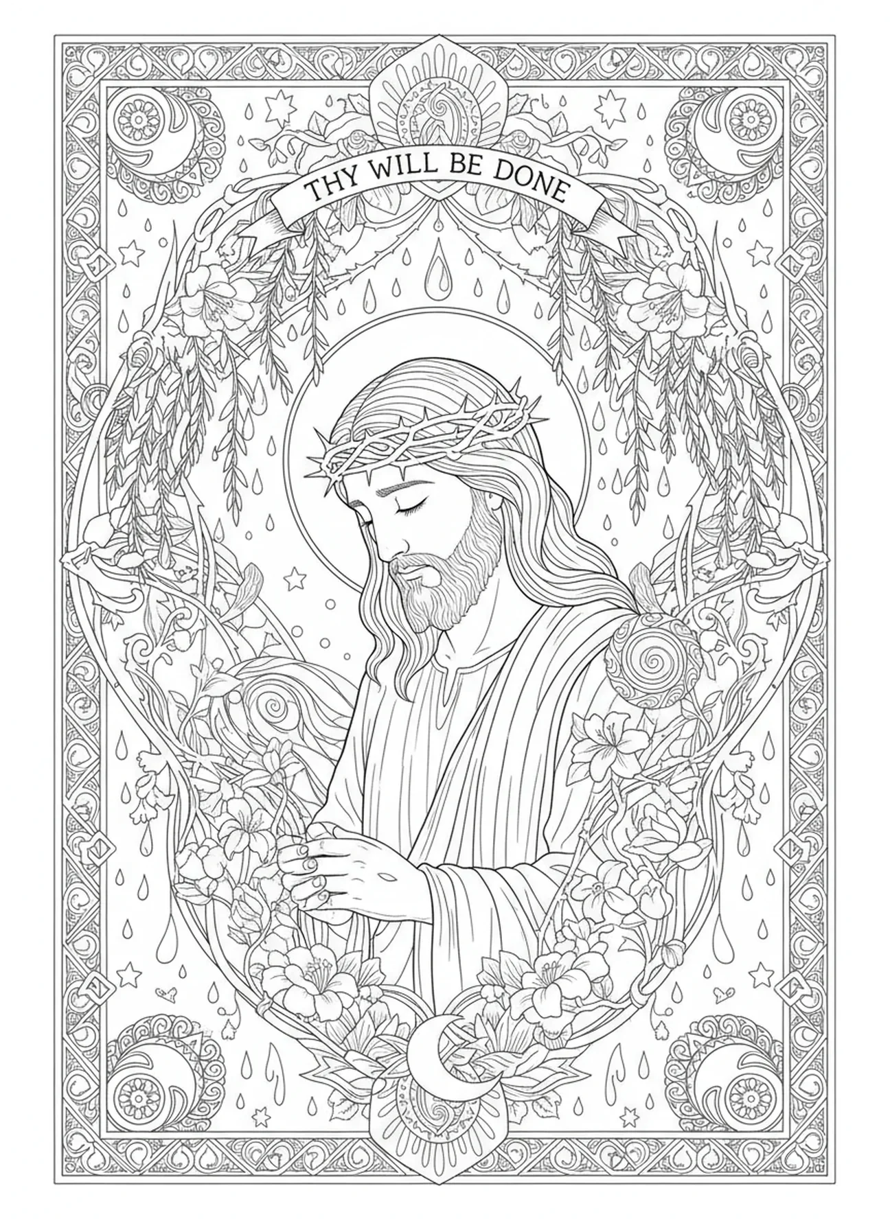 Jesus inclinando a cabeça, página para colorir da Crucificação com soldado romano e lança, estilo de journaling bíblico para adultos.