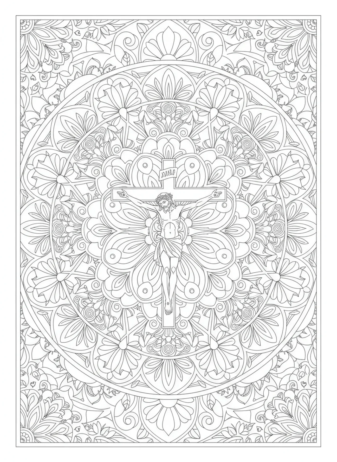 Jesus na cruz, página para colorir da Crucificação com soldado romano e lança, estilo de journaling bíblico para adultos.