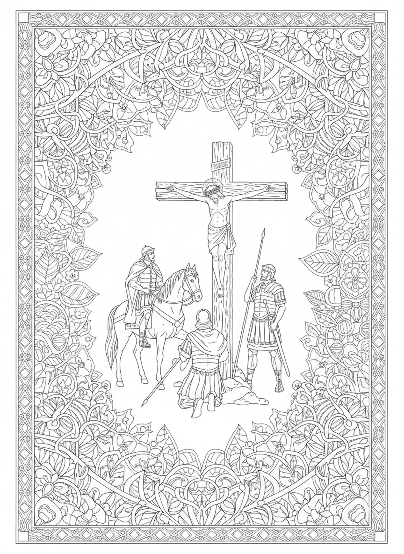Soldados romanos aos pés da cruz, página de colorir da crucificação com soldado romano e lança para adultos no estilo de journaling bíblico.