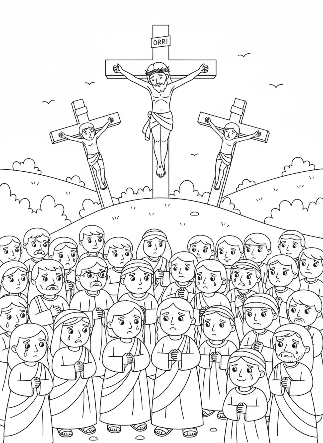 Foule regardant la crucifixion, page à colorier de soldat romain avec une lance pour enfants de 5 à 10 ans.