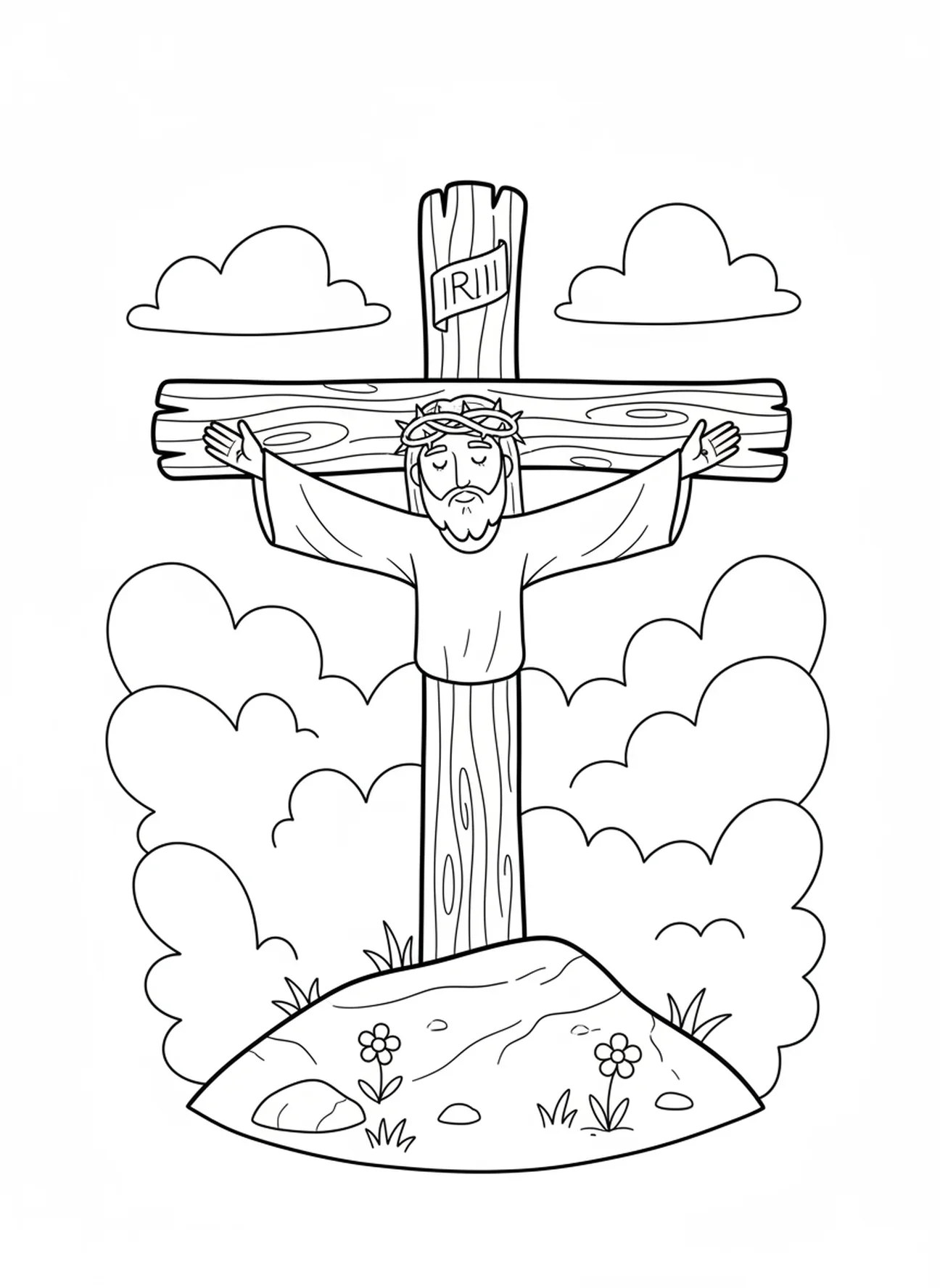 Jésus sur la croix, page à colorier de la Crucifixion avec un soldat romain et une lance pour les enfants de 5 à 10 ans.