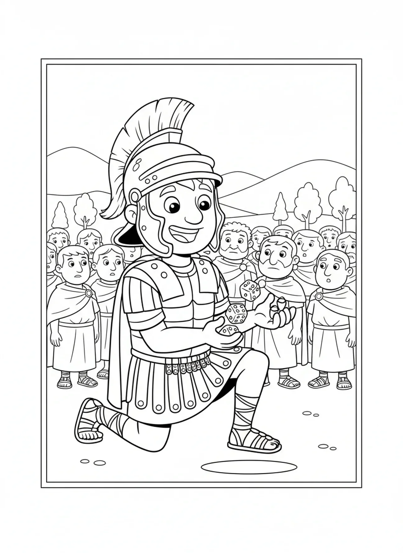 Soldat romain tirant au sort, page à colorier de la Crucifixion avec un soldat romain et une lance pour les enfants de 5 à 10 ans.