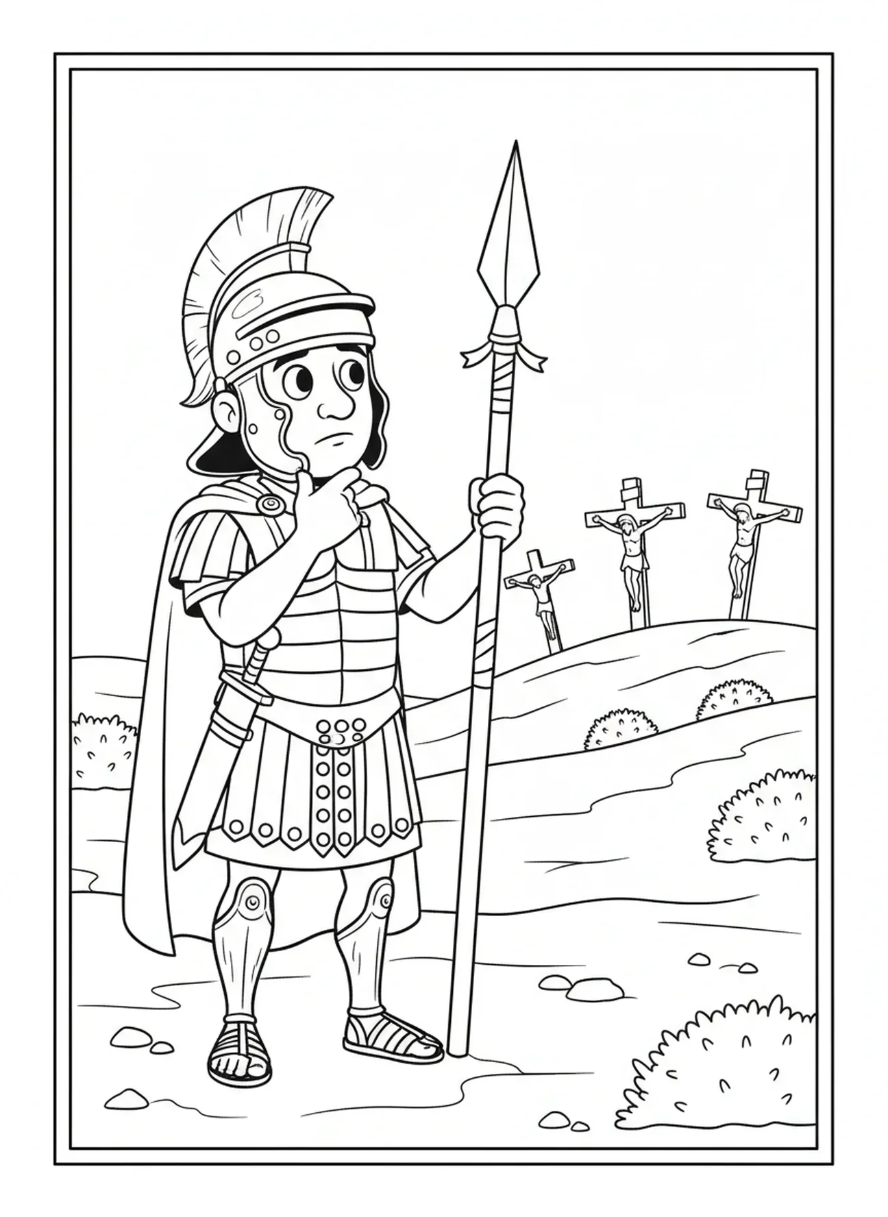 Soldat avec une lance dans le sable, page à colorier du soldat romain lors de la crucifixion pour les enfants de 5 à 10 ans.