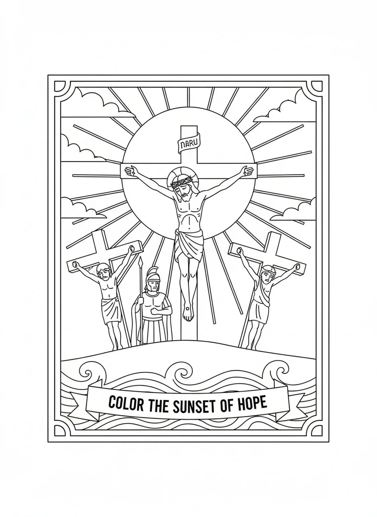 Coucher de soleil sur la scène de crucifixion, page à colorier du soldat romain avec une lance pour les enfants de 5 à 10 ans.