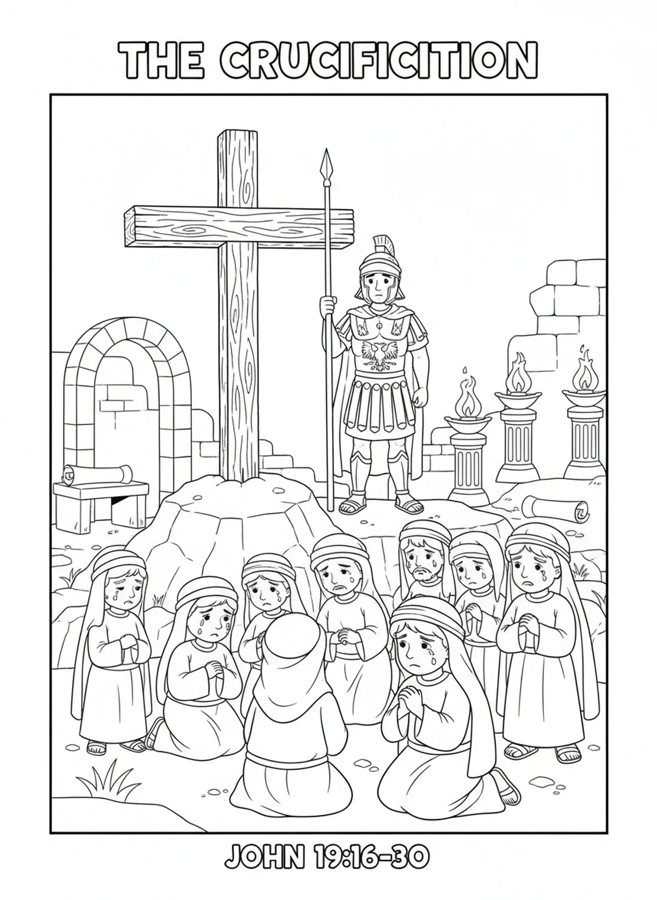Foule observant la crucifixion, page à colorier du soldat romain tenant une lance pour l'École du dimanche enfants de 5 à 12 ans.