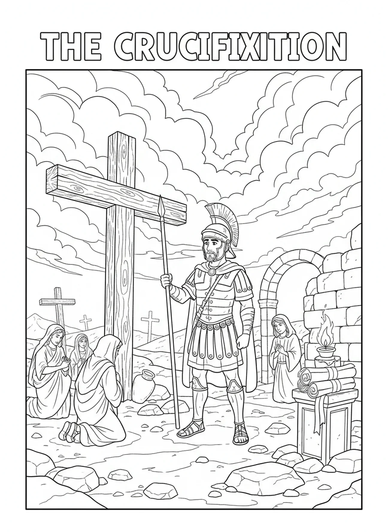Ciel sombre au-dessus du soldat, page à colorier de la Crucifixion du soldat romain avec une lance pour les enfants de l'École du dimanche âgés de 5 à 12 ans.
