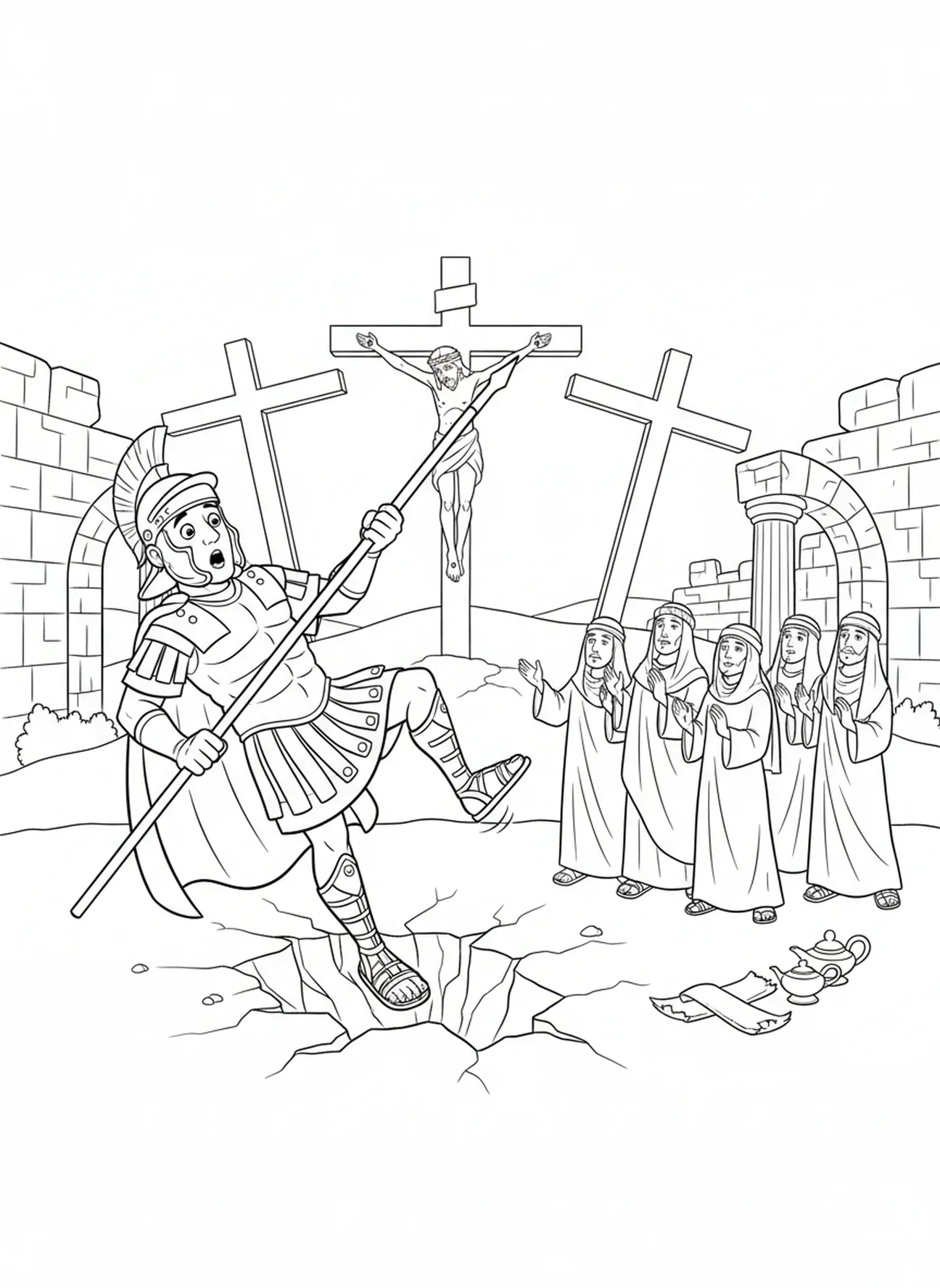 Soldat trébuchant pendant le tremblement de terre, page à colorier du soldat romain avec une lance lors de la crucifixion pour les enfants de l'École du dimanche âgés de 5 à 12 ans.