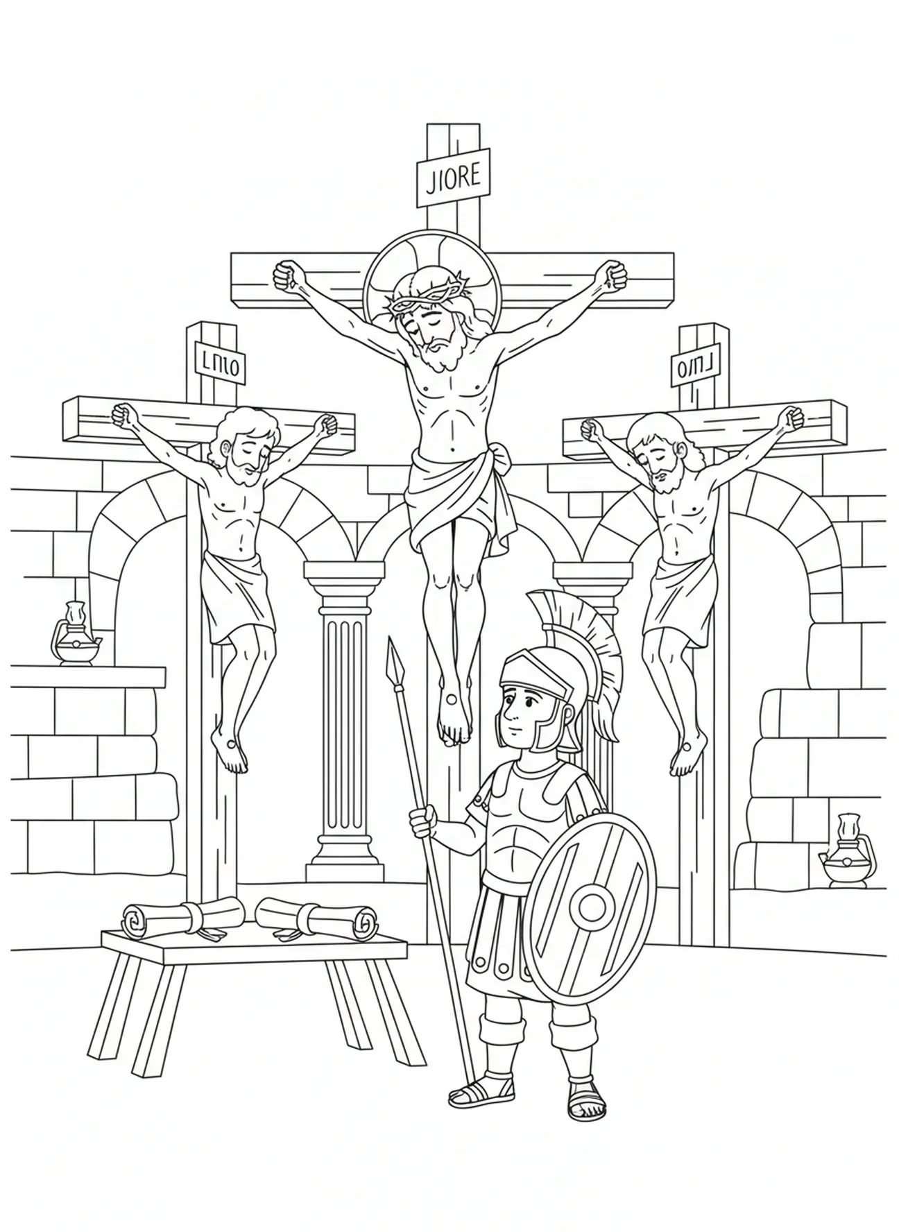 Jésus sur la croix, page à colorier de la crucifixion avec un soldat romain et une lance pour les enfants de l'École du dimanche âgés de 5 à 12 ans.