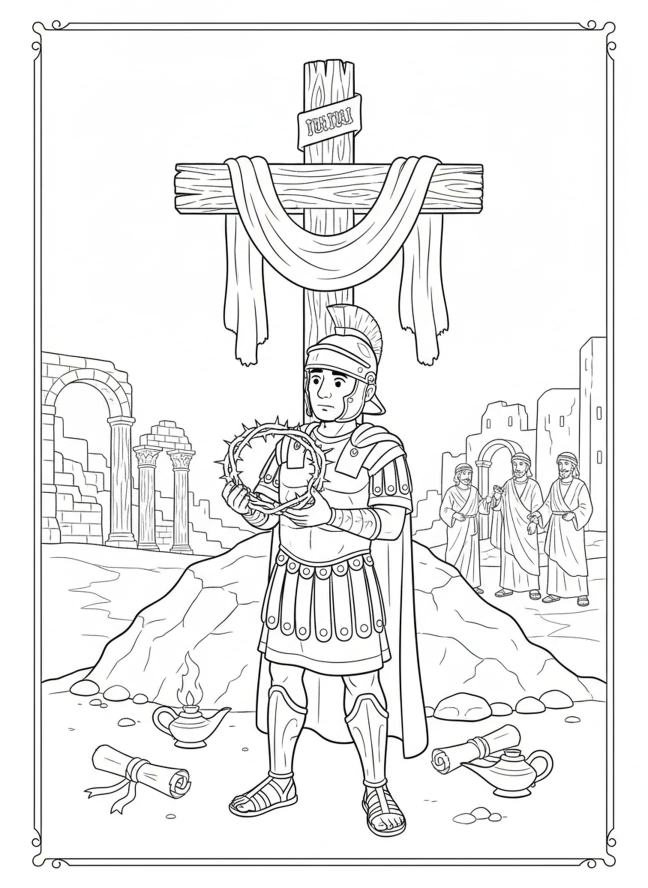 Soldat inspectant une couronne d'épines, page à colorier de soldat romain avec lance pour les enfants de l'École du dimanche âgés de 5 à 12 ans.