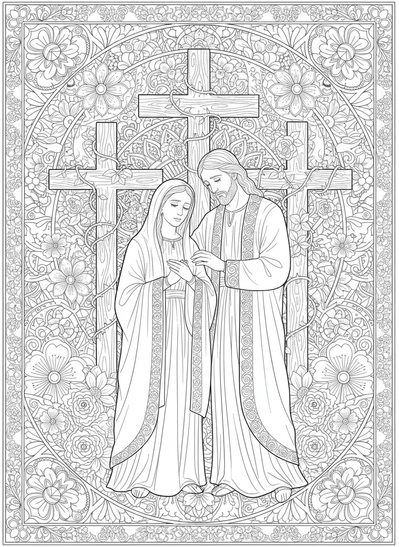 Maria und Johannes nahe den Kreuzen, Kreuzigung Drei-Kreuze-Hügel Ausmalbild für Erwachsene im Bibel-Journaling-Stil.