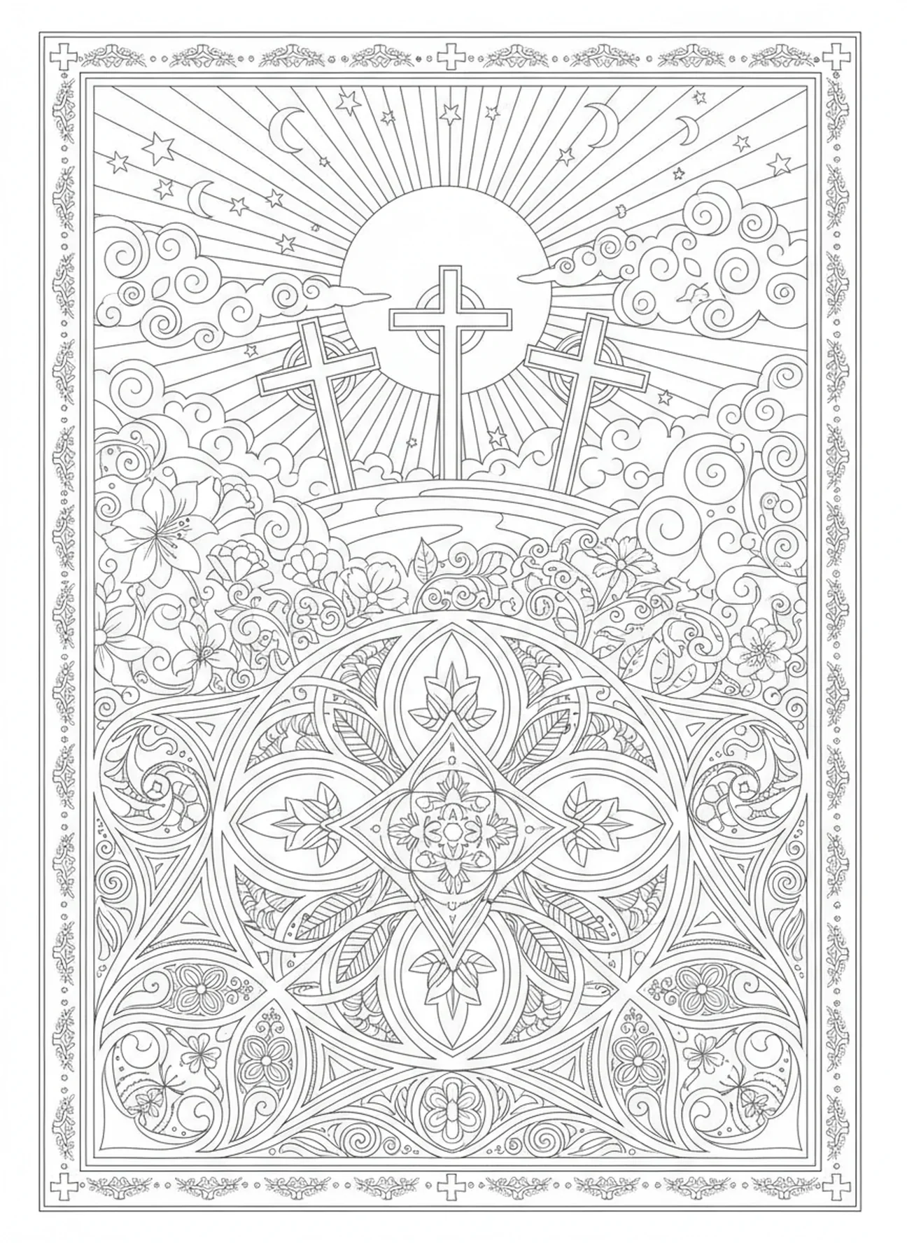 Dunkler werdender Himmel und verdeckter Sonnen, Kreuzigung Drei Kreuze Hügel Malvorlage für Erwachsene im Bibel-Journaling-Stil.