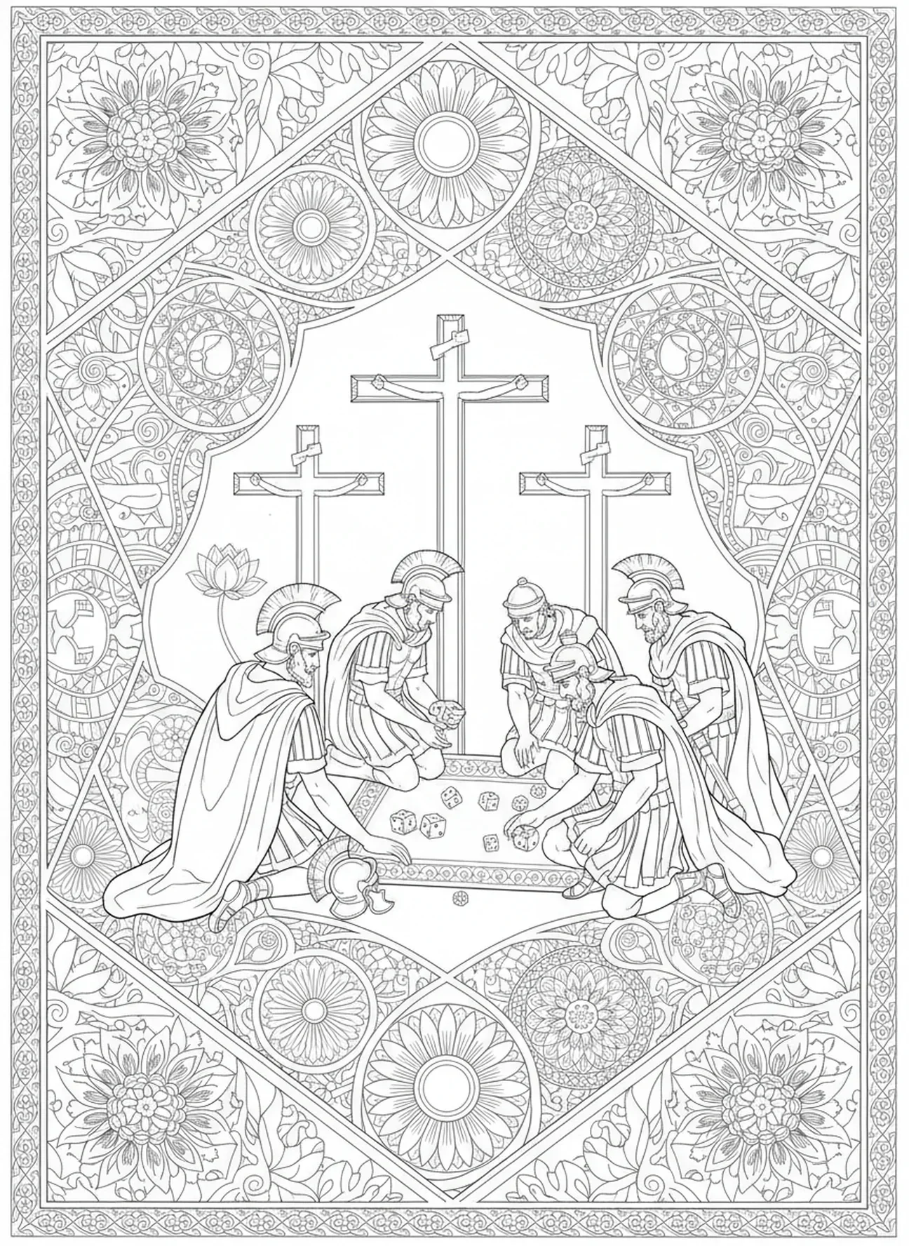 Römische Soldaten beim Glücksspiel, Kreuzigung Drei Kreuze Hügel Ausmalbild für Erwachsene im Bibel-Journaling-Stil.