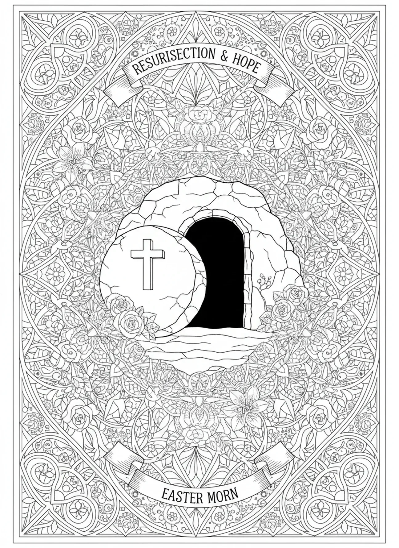 Der weggerollte Stein am Grab, Kreuzigung Drei Kreuze Hügel Malvorlage für Erwachsene im Bibel-Journaling-Stil.