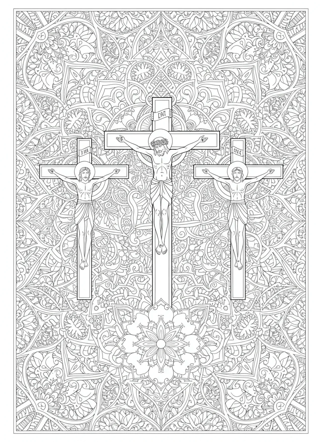 Zwei Diebe an Kreuzen, Kreuzigung Drei-Kreuze-Hügel Ausmalbild für Erwachsene im Bibel-Journaling-Stil.